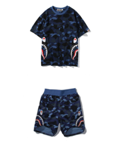 BAPE CAMO SHARK T SHIRT SHORTS SET BLUE